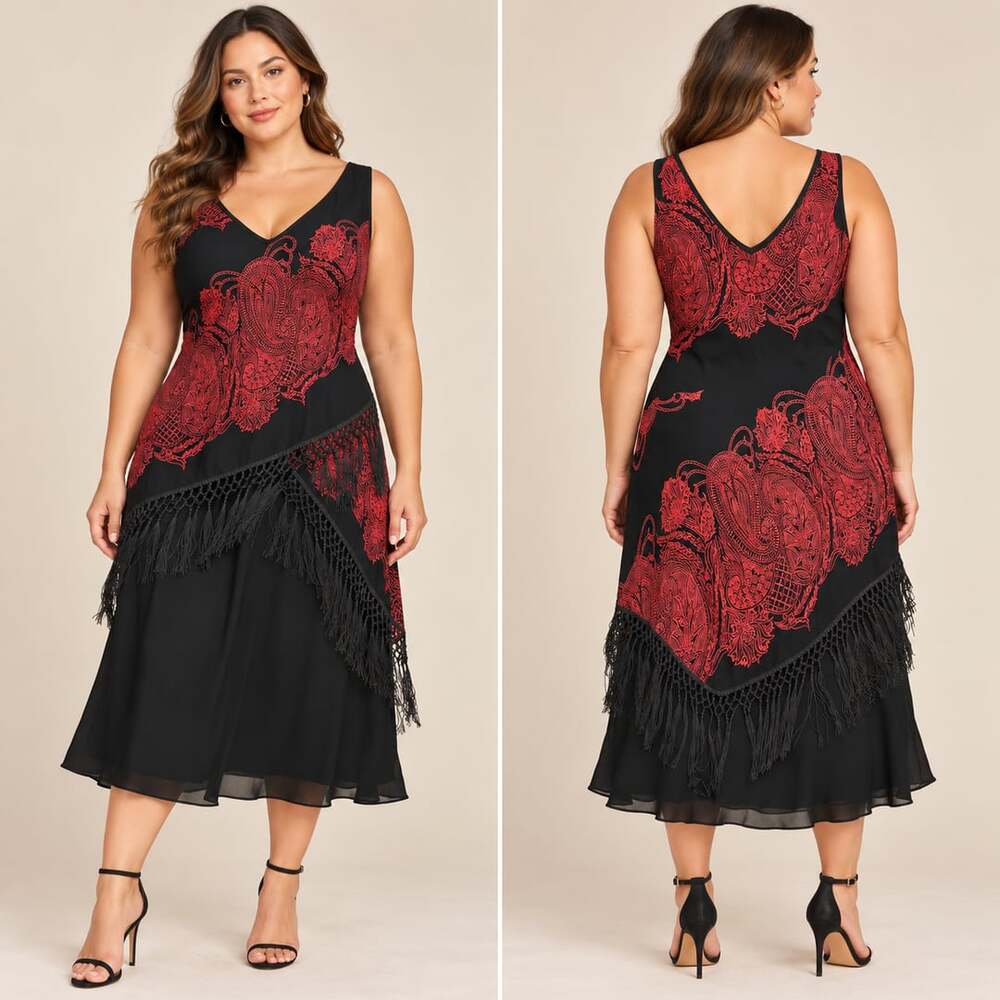 Vintage Eva Blue Paisley Fringe Dress Sequined Black Red Whimsigoth Fairycore 14